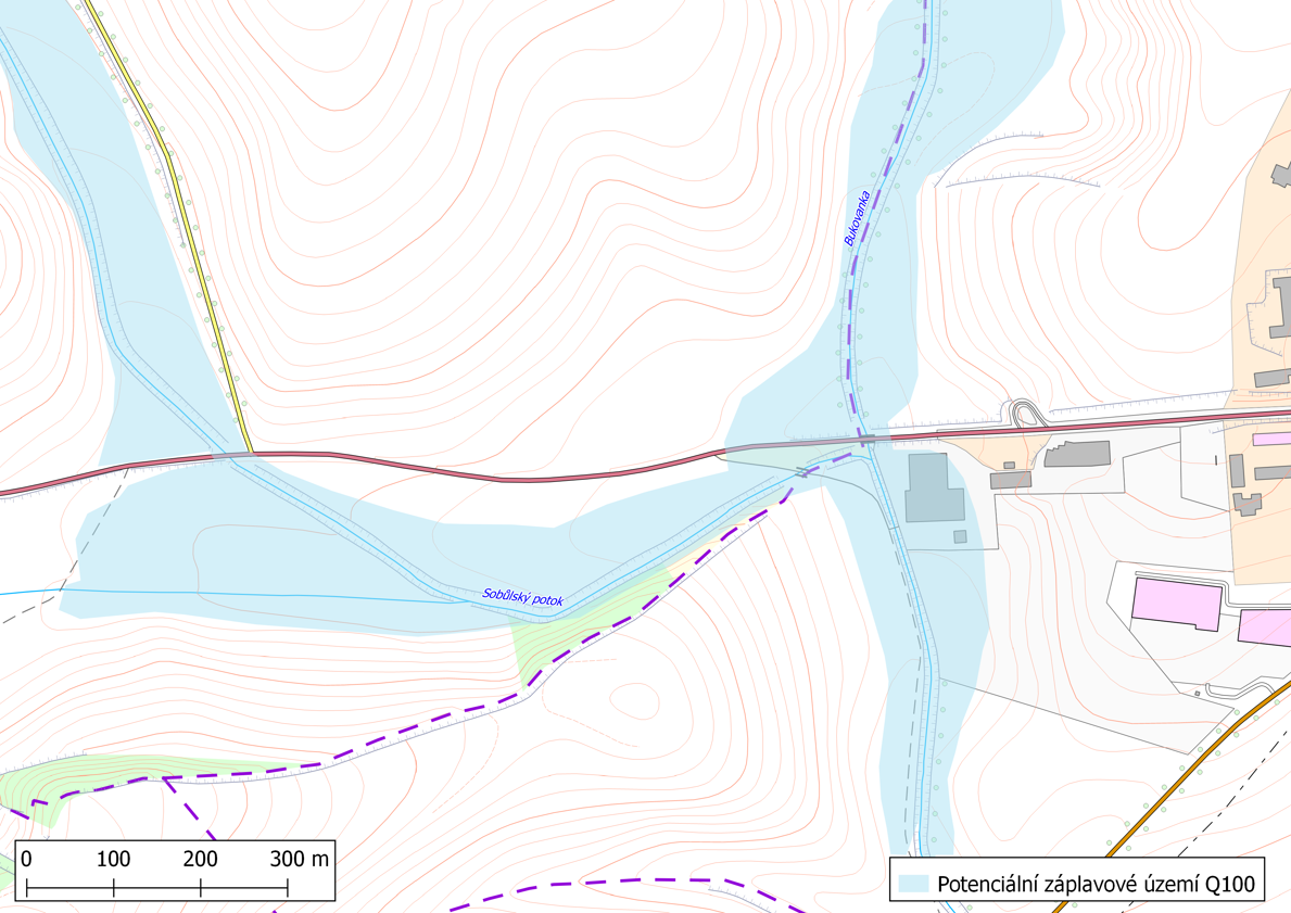 Potenciální záplavové území Q100 (území na jihovýchod od intravilánu obce Sobůlky)