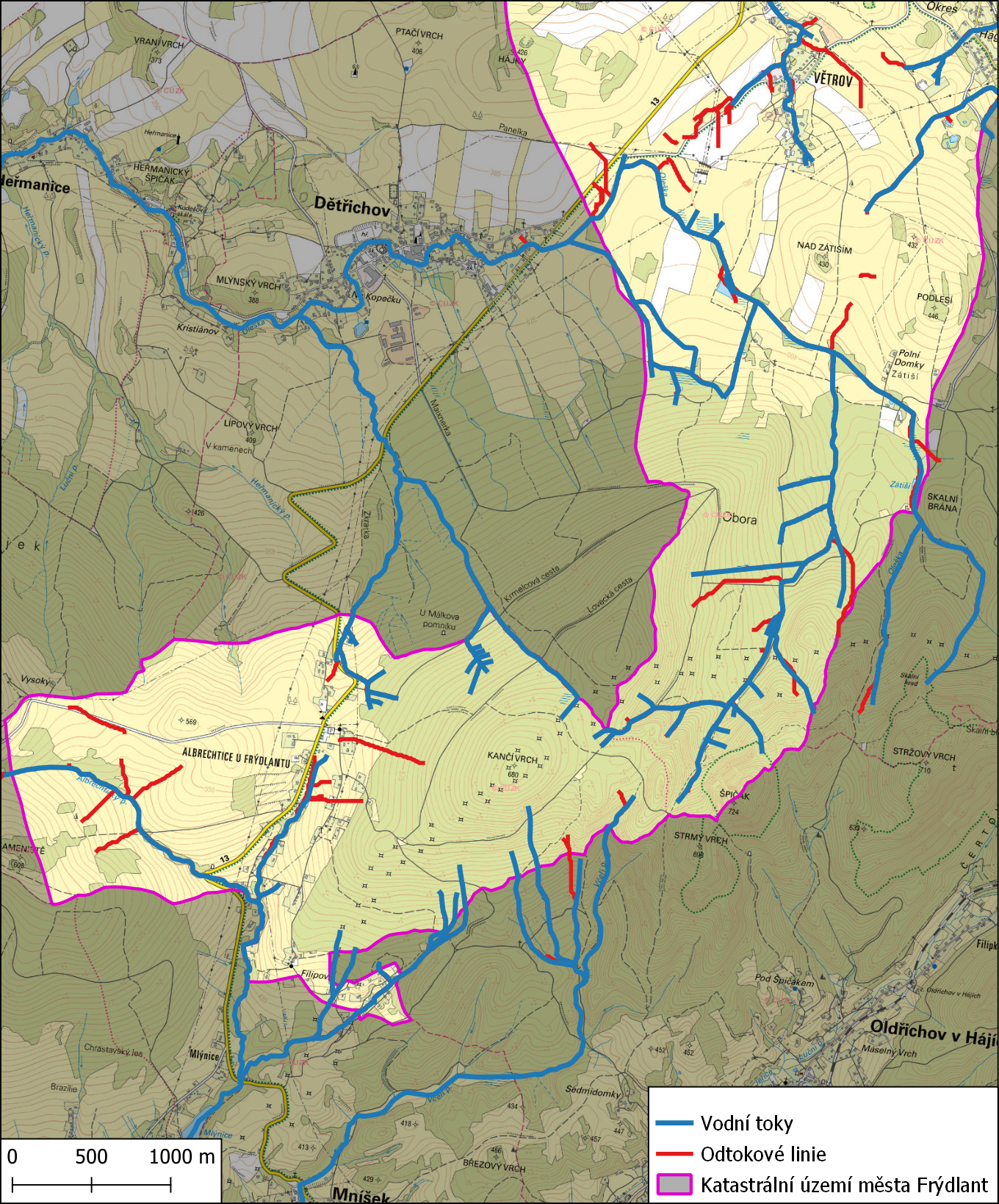 Odtokové linie na území města Frýdlant