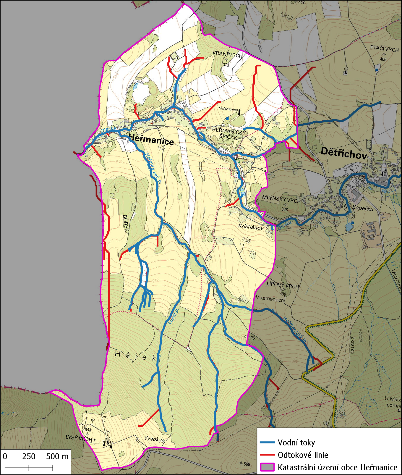Odtokové linie na území obce Heřmanice