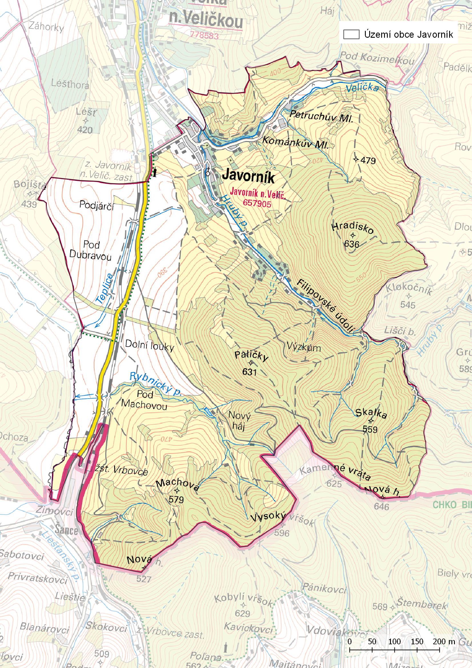 Mapa území obce Javorník