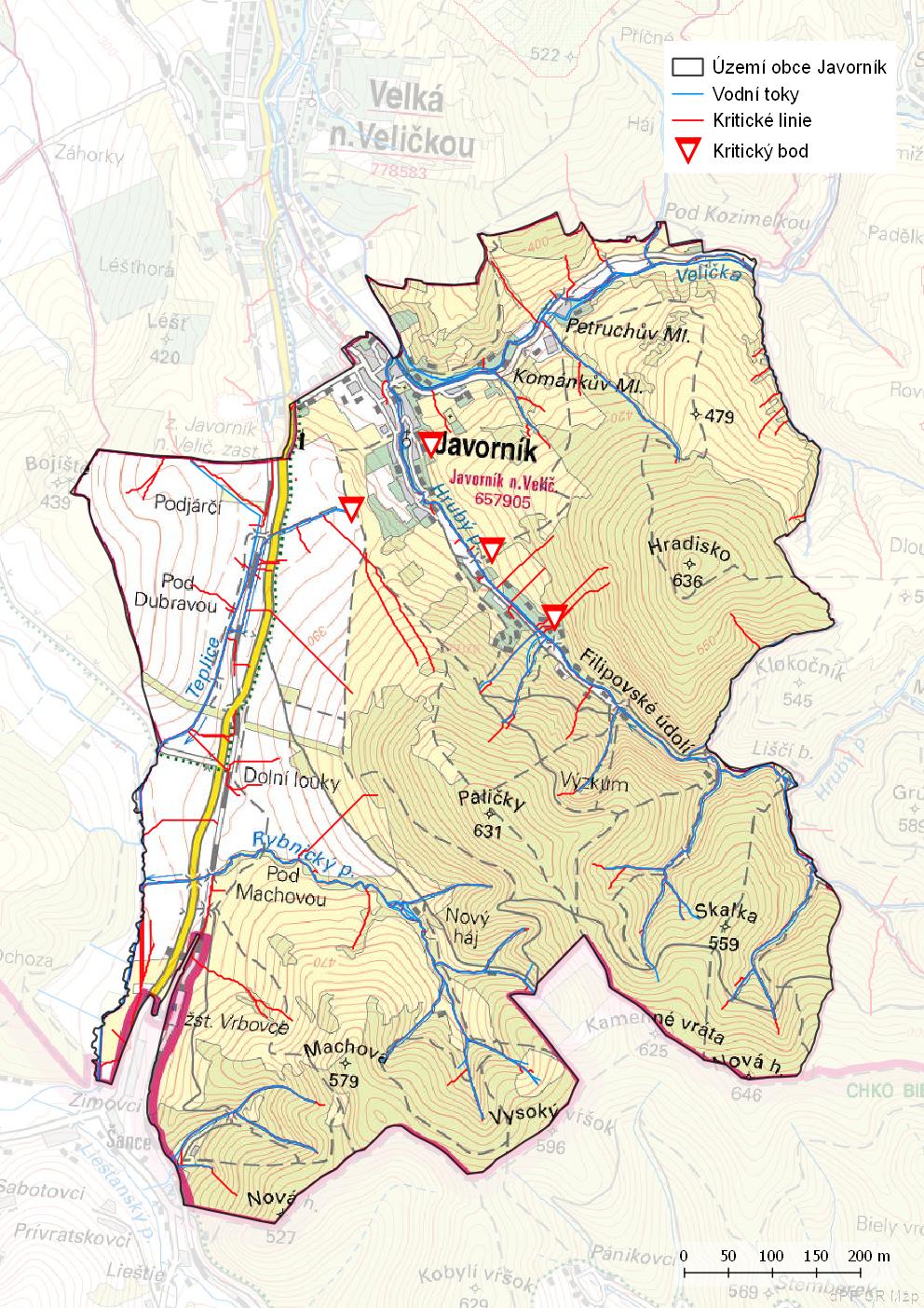 Mapa kritických linií na území obce Javorník