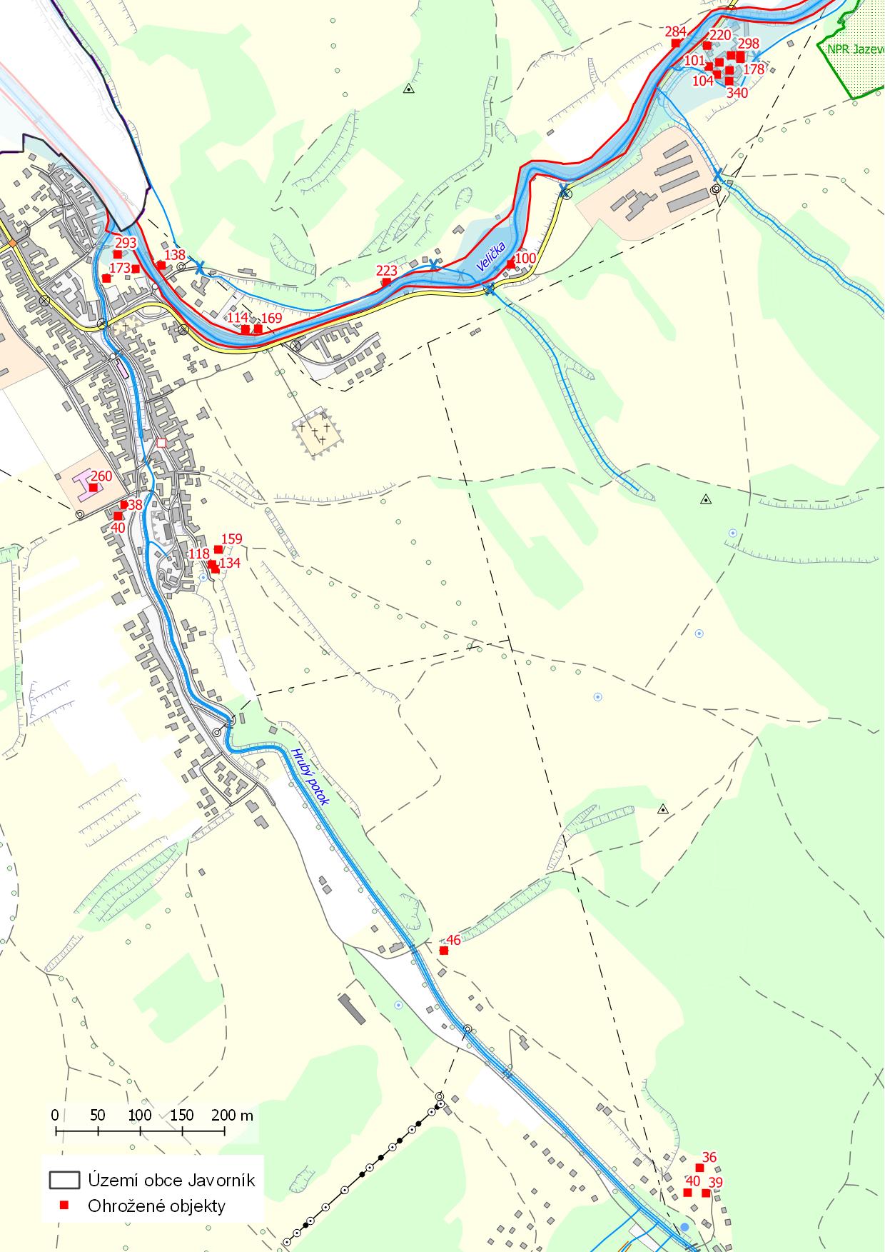 Mapa ohrožených objektů na území obce Javorník