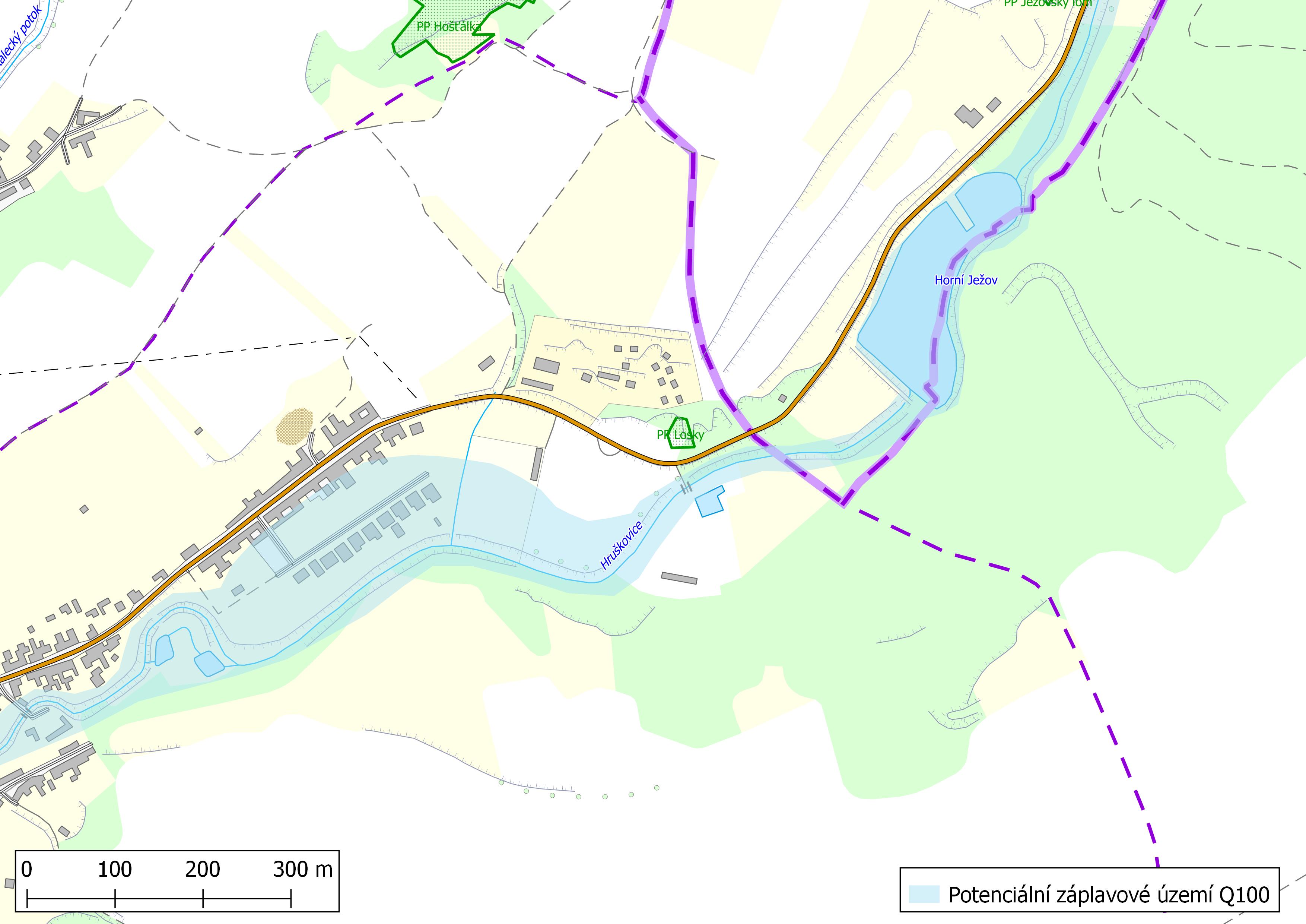 Potenciální záplavové území Q100 (severovýchod intravilánu obce Ježov)