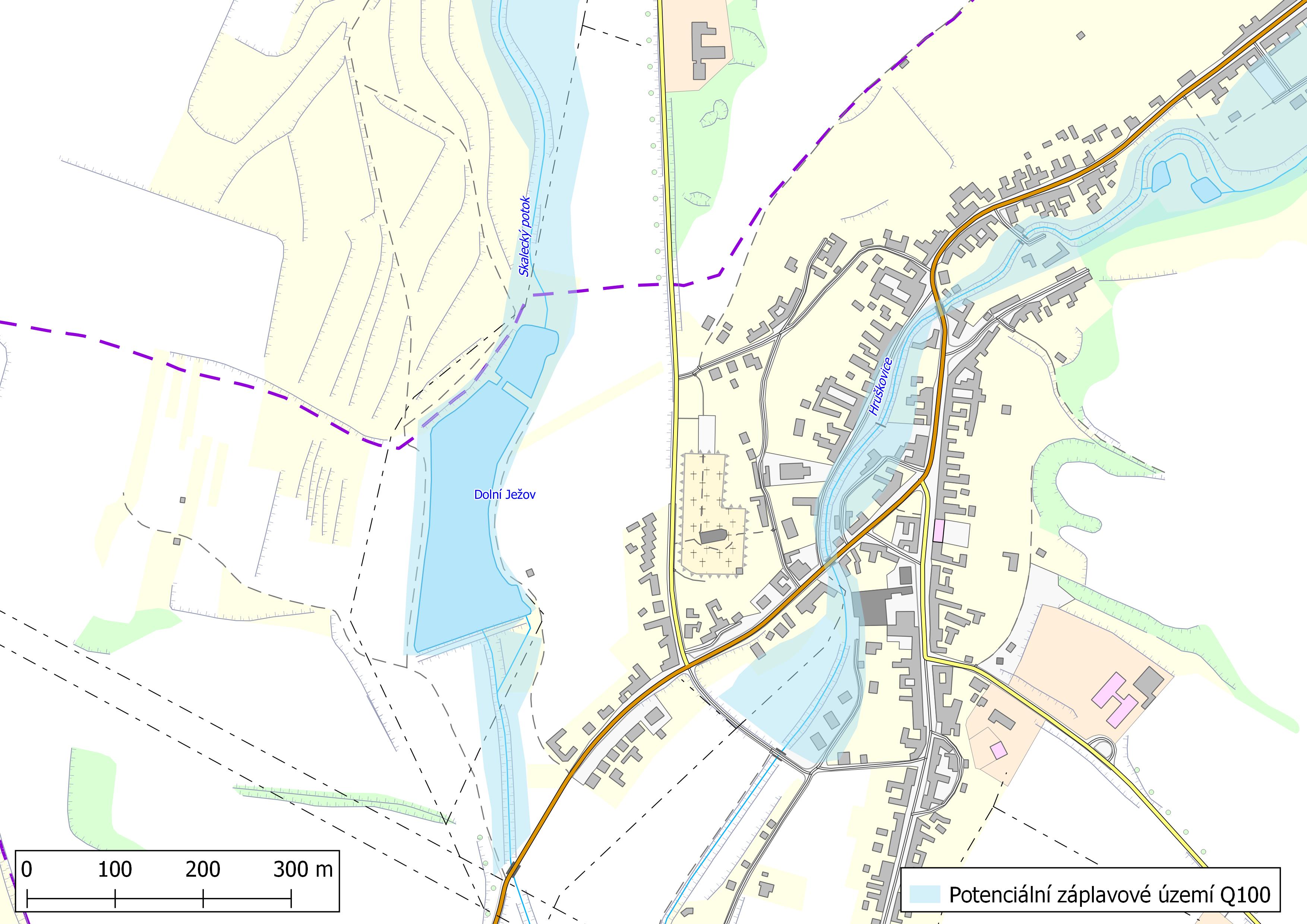 Potenciální záplavové území Q100 (severozápad intravilánu obce Ježov)