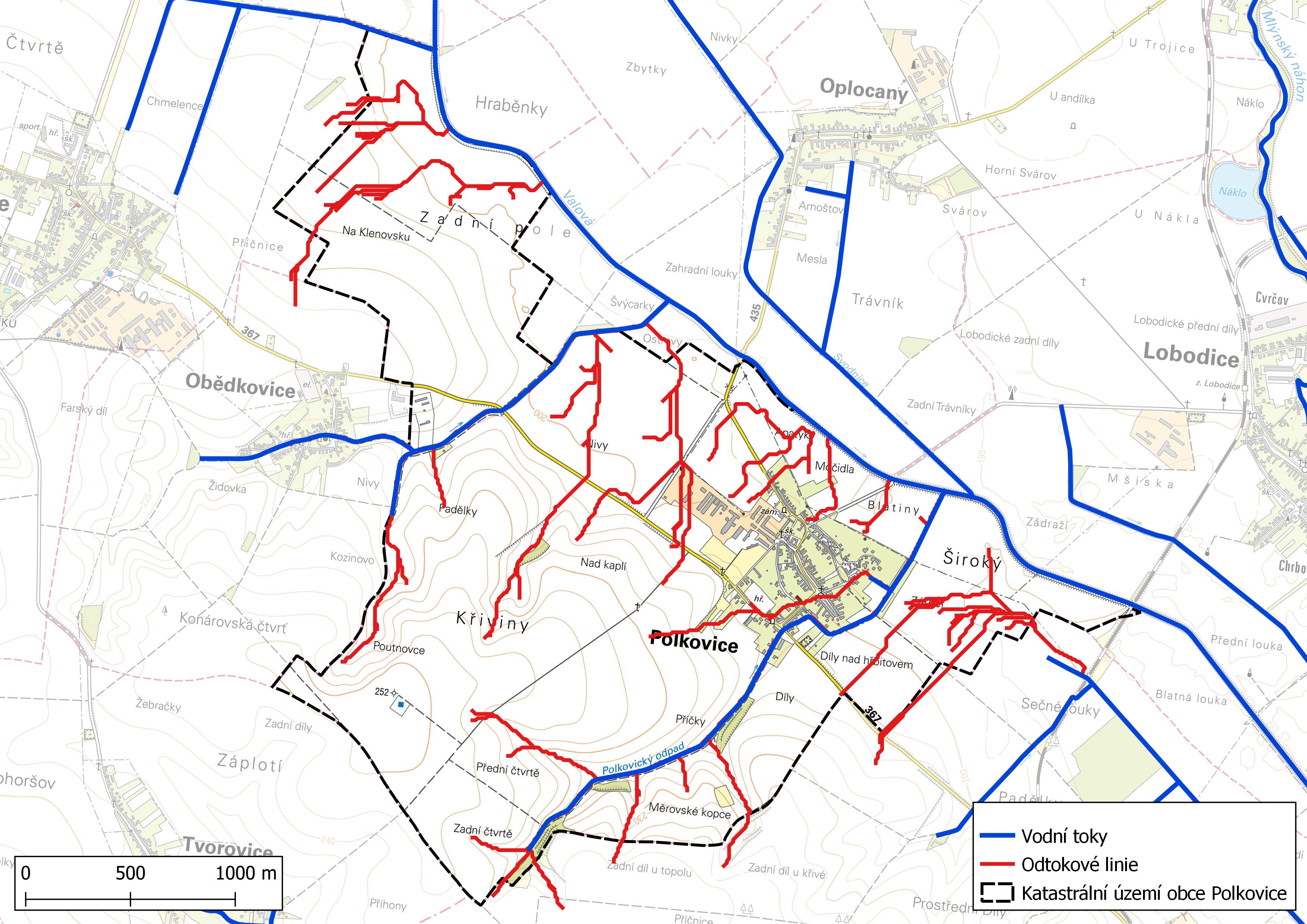 Odtokové linie s plochou sběrného povodí > 5 ha na území obce Polkovice