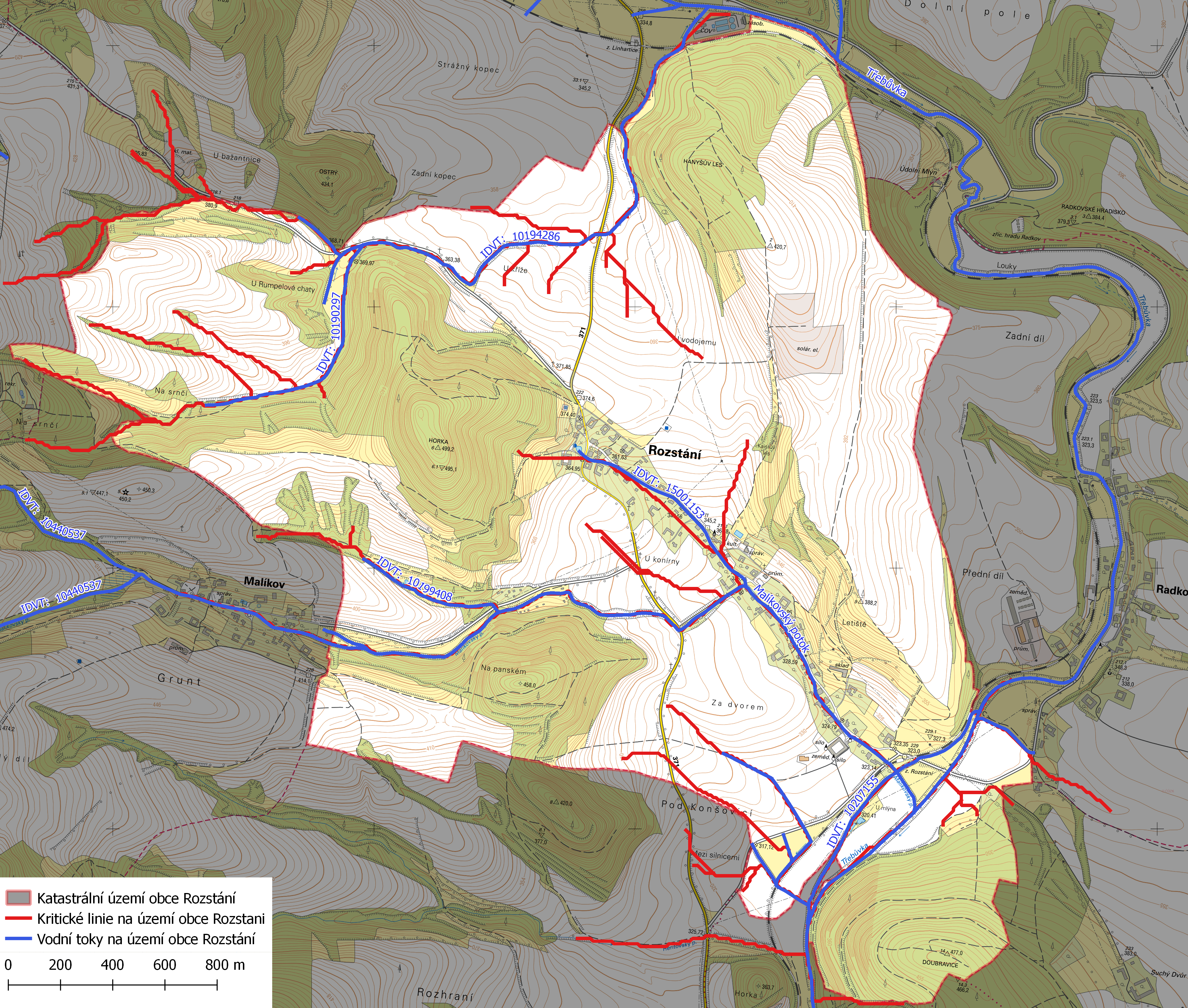 Kritické linie na území obce Rozstání