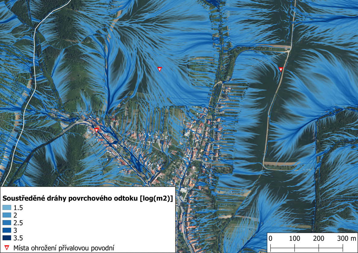 Místa ohrožení přívalovou povodní v severní části obce Sobůlky