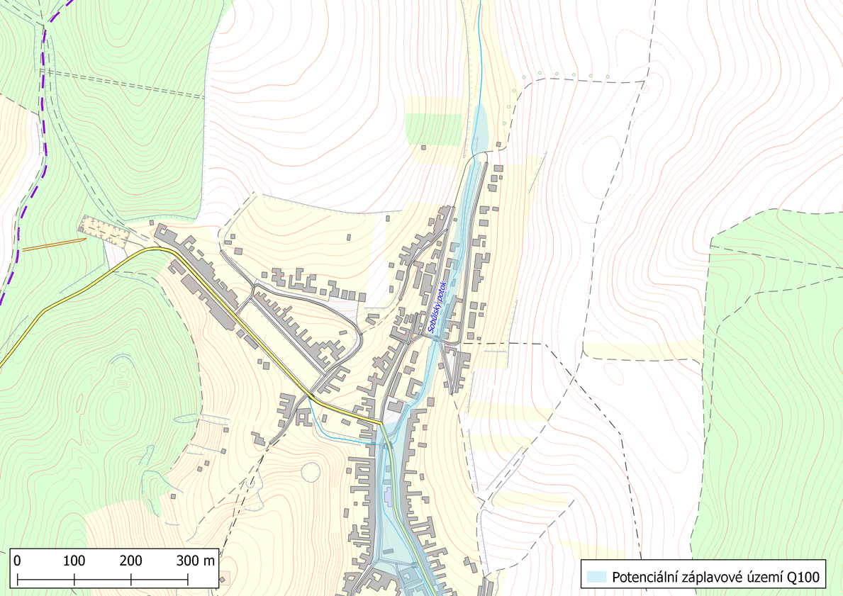 Potenciální záplavové území Q100 (sever intravilánu obce Sobůlky)