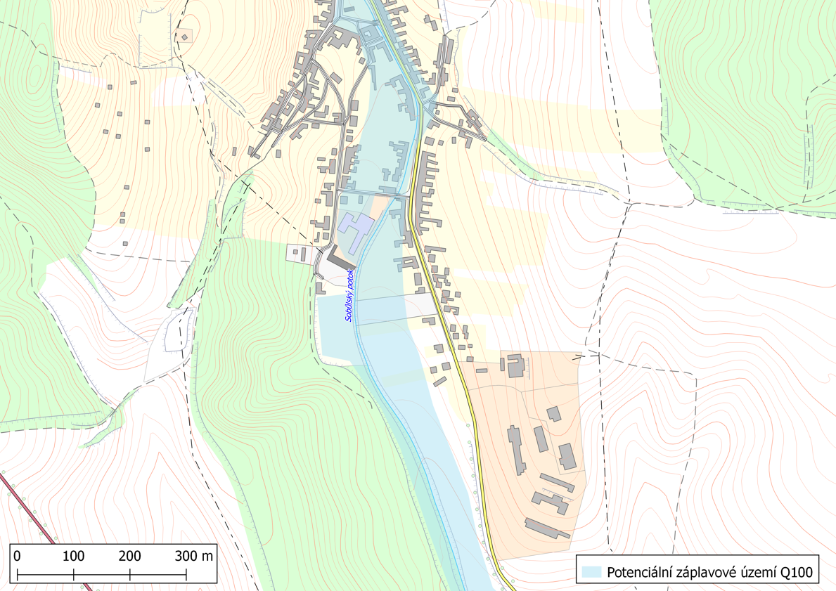Potenciální záplavové území Q100 (střed a jih intravilánu obce Sobůlky)