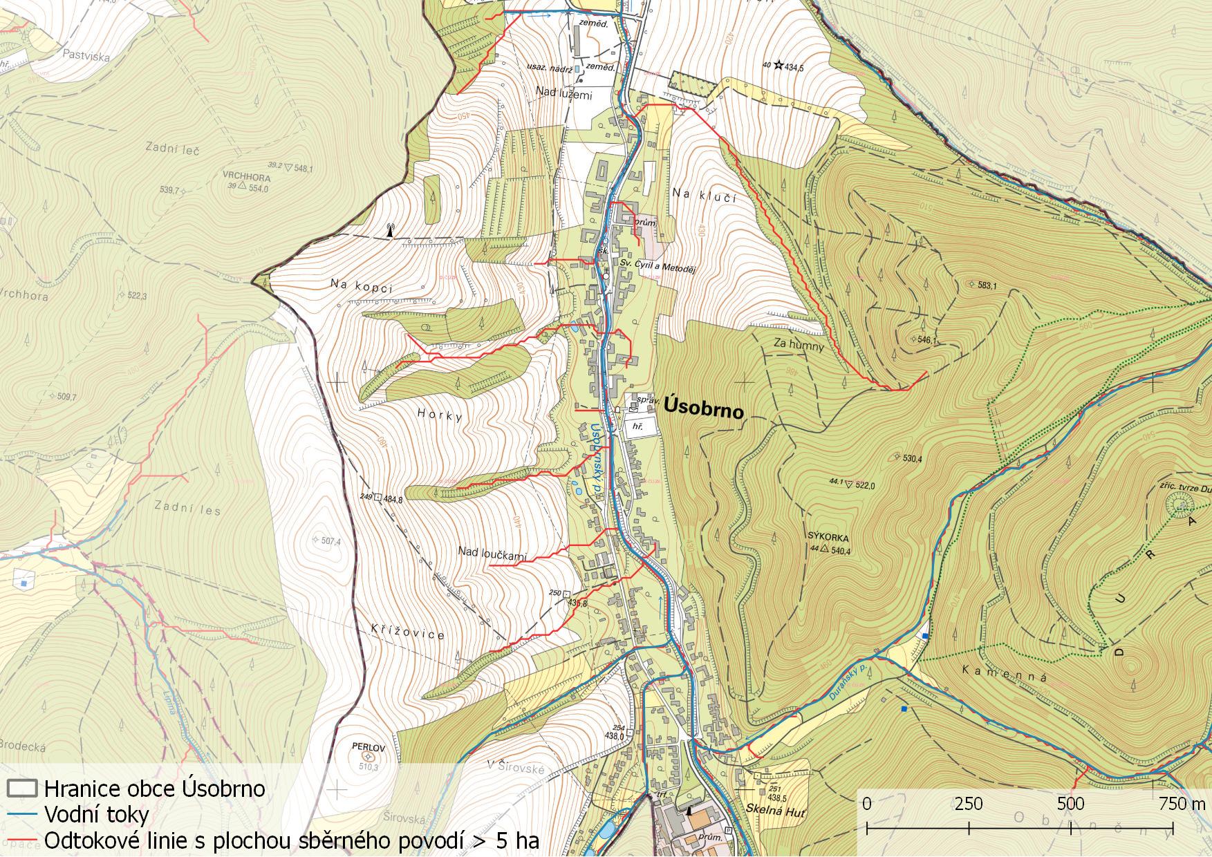 Odtokové linie s plochou sběrného povodí > 5 ha na území obce Úsobrno