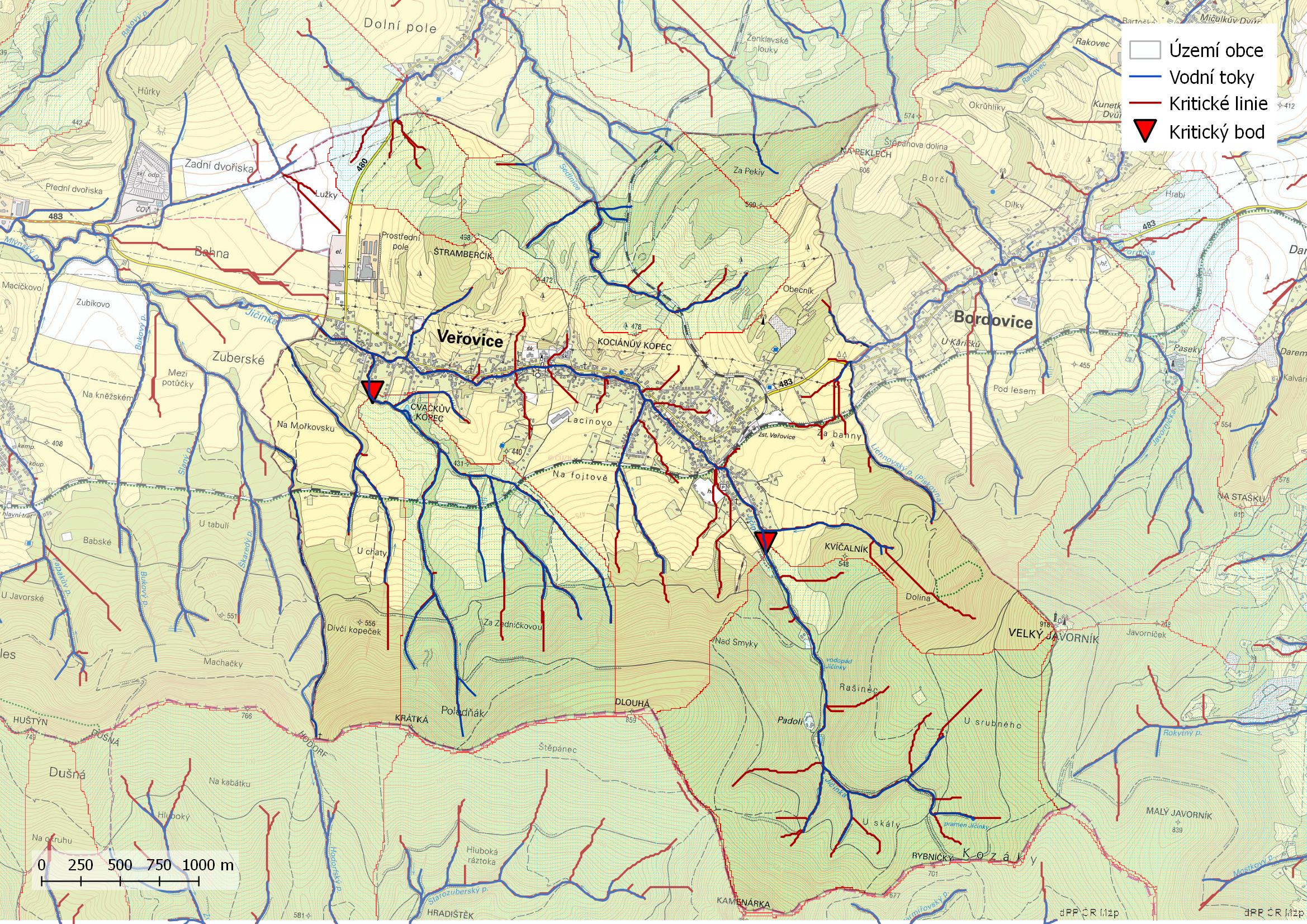 Mapa kritických bodů na území obce Veřovice