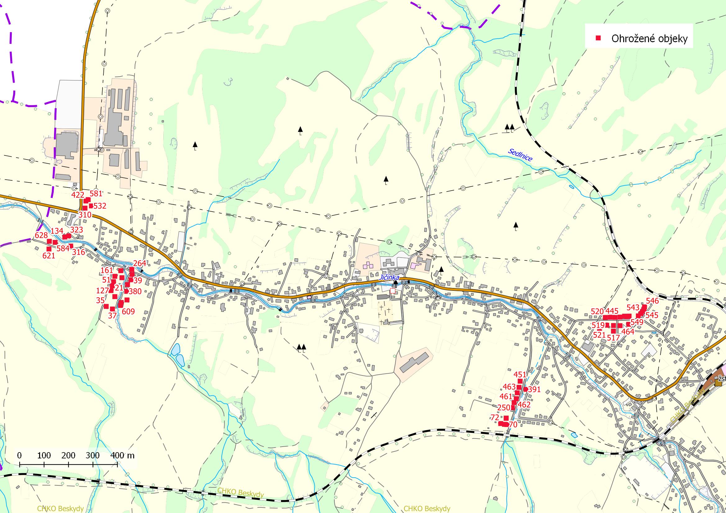 Mapa ohrožených objektů na území obce Veřovice