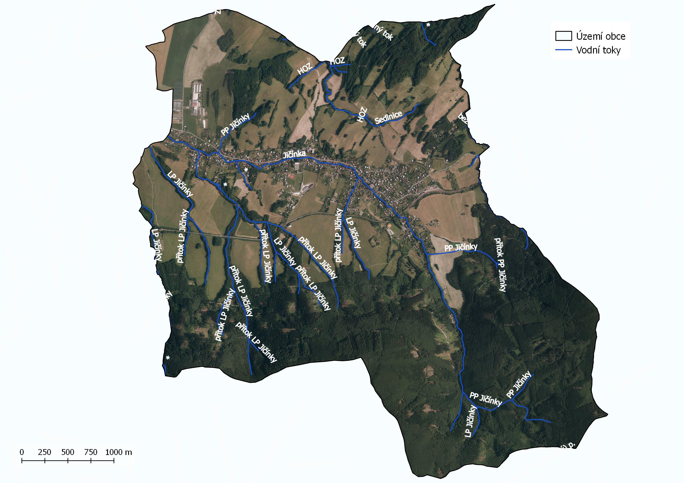 Mapa vodních toků na území obce Veřovice