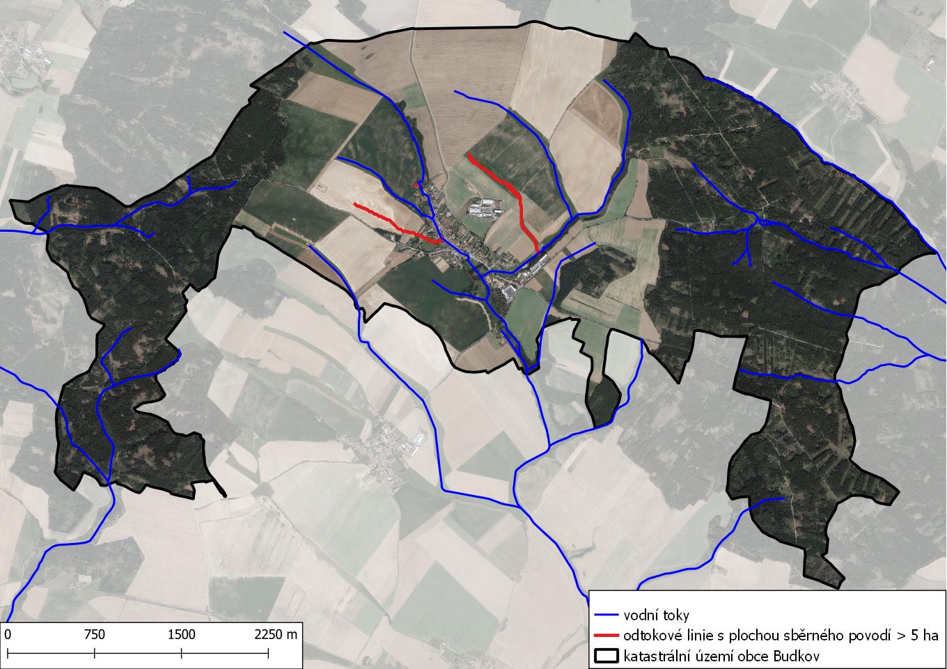 Mapa kritických linií na území obce Budkov