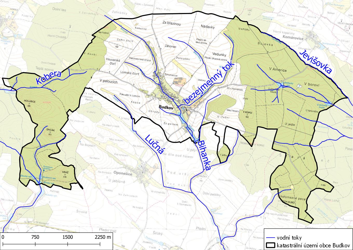 Mapa vodních toků na území obce Budkov