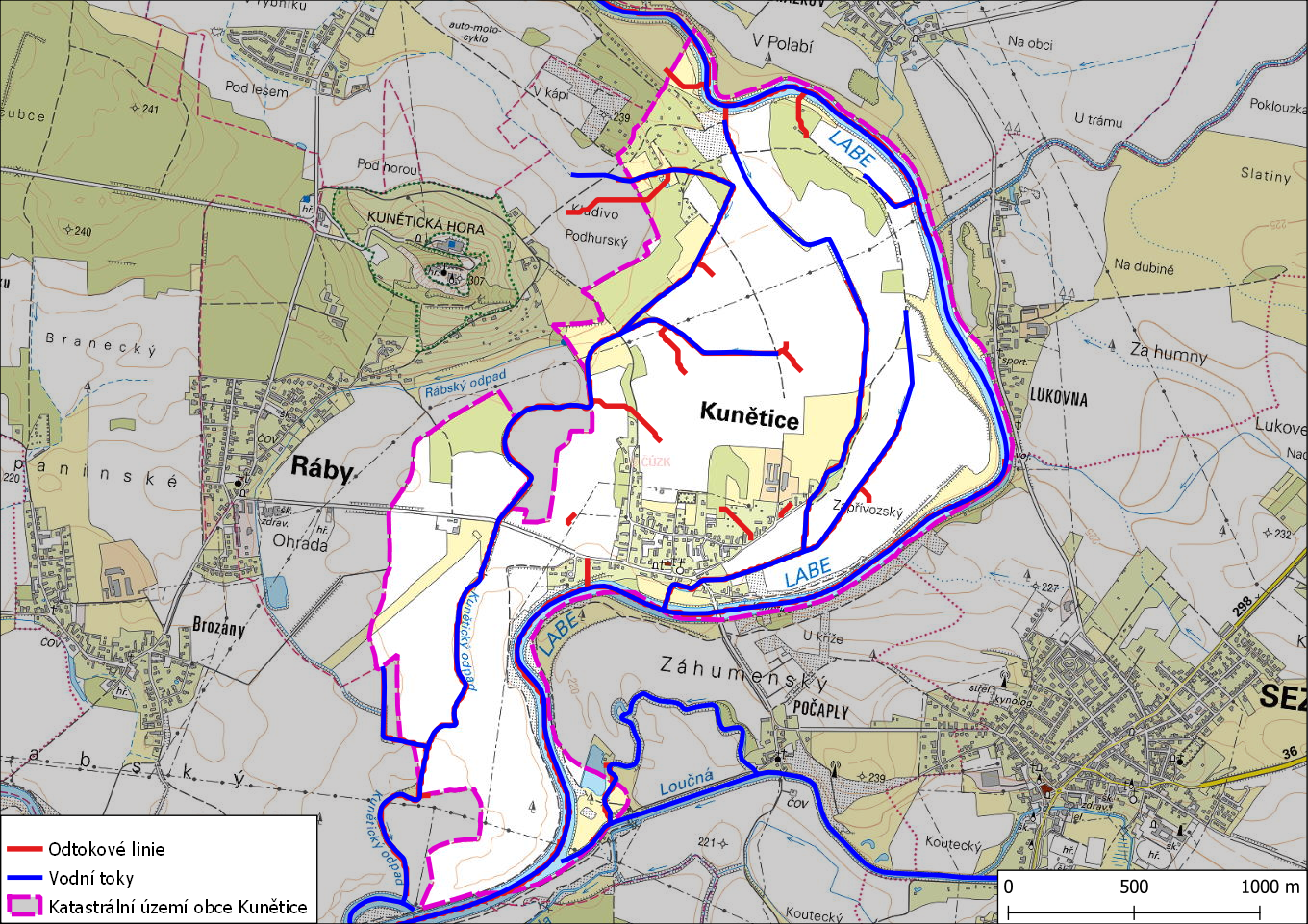 Odtokové linie na území obce Kunětice