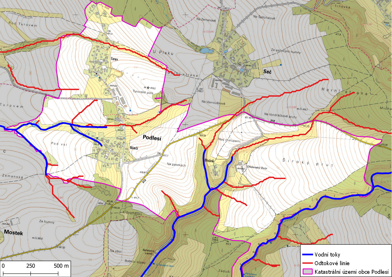 Odtokové linie na území obce Podlesí